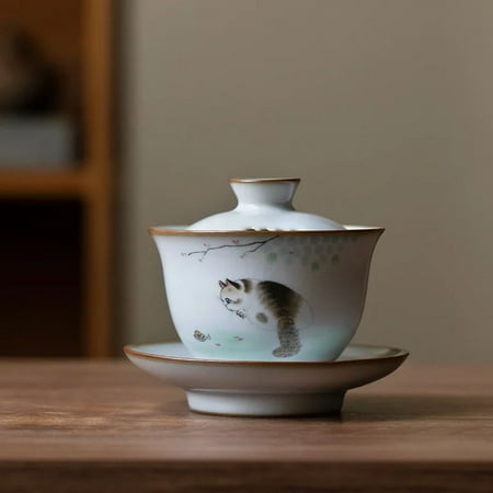 

Feikong Chinese Ru Kiln Ceramic Gaiwan Cute Cat Pattern Filter Teacup Travel Portable Handmade Tea Bowl Home Tea Set Drinkware 150ml
