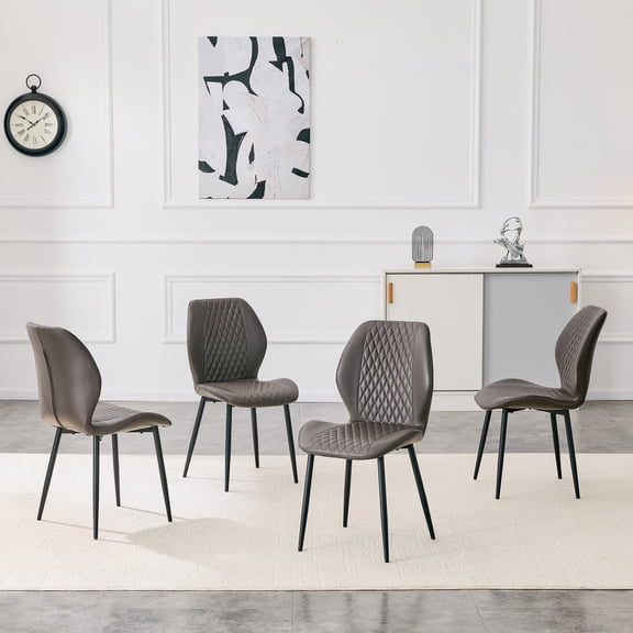 Set of 4 Modern PU Dining Chairs with Diamond-Quilted Upholstery & Black Metal Legs, Ergonomic Dark Gray Chairs with High-Resilience Foam for Dining Room Kitchen Cafe