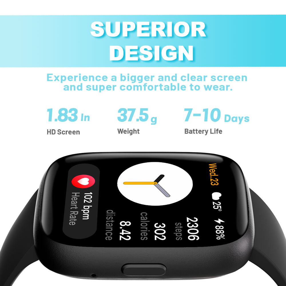 TOOBUR Smart Watch for Women, 1.83" Fitness Tracker Watch with Step Tracker/Pedometer/Sleep, IP68 Waterproof Smartwatch Calls Compatible iOS Android Black