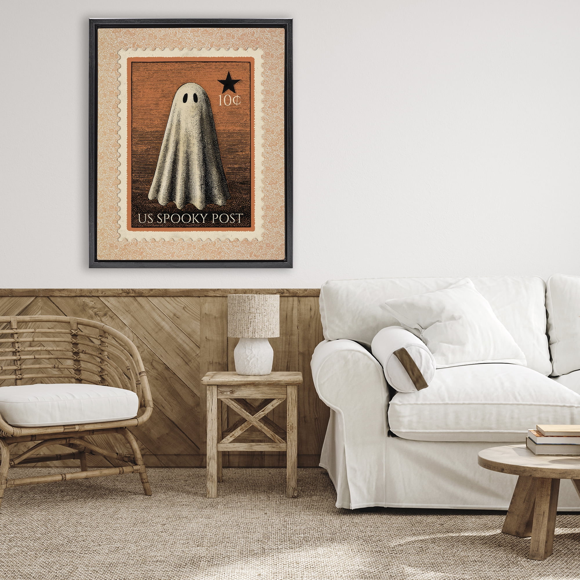 Vintage Ghost Stamp Black Framed Floater Canvas Wall Art, design by Arlington Prints