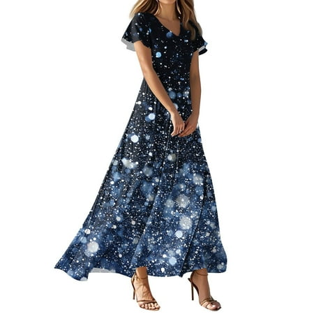 QIJIE Womens Summer Dresses 2025 Ruffled Short Sleeve Casual V Neck Vacation Floral Long Dress A-Line Flowy Sundress Beach Holiday Cocktail Party Dresses Blue L