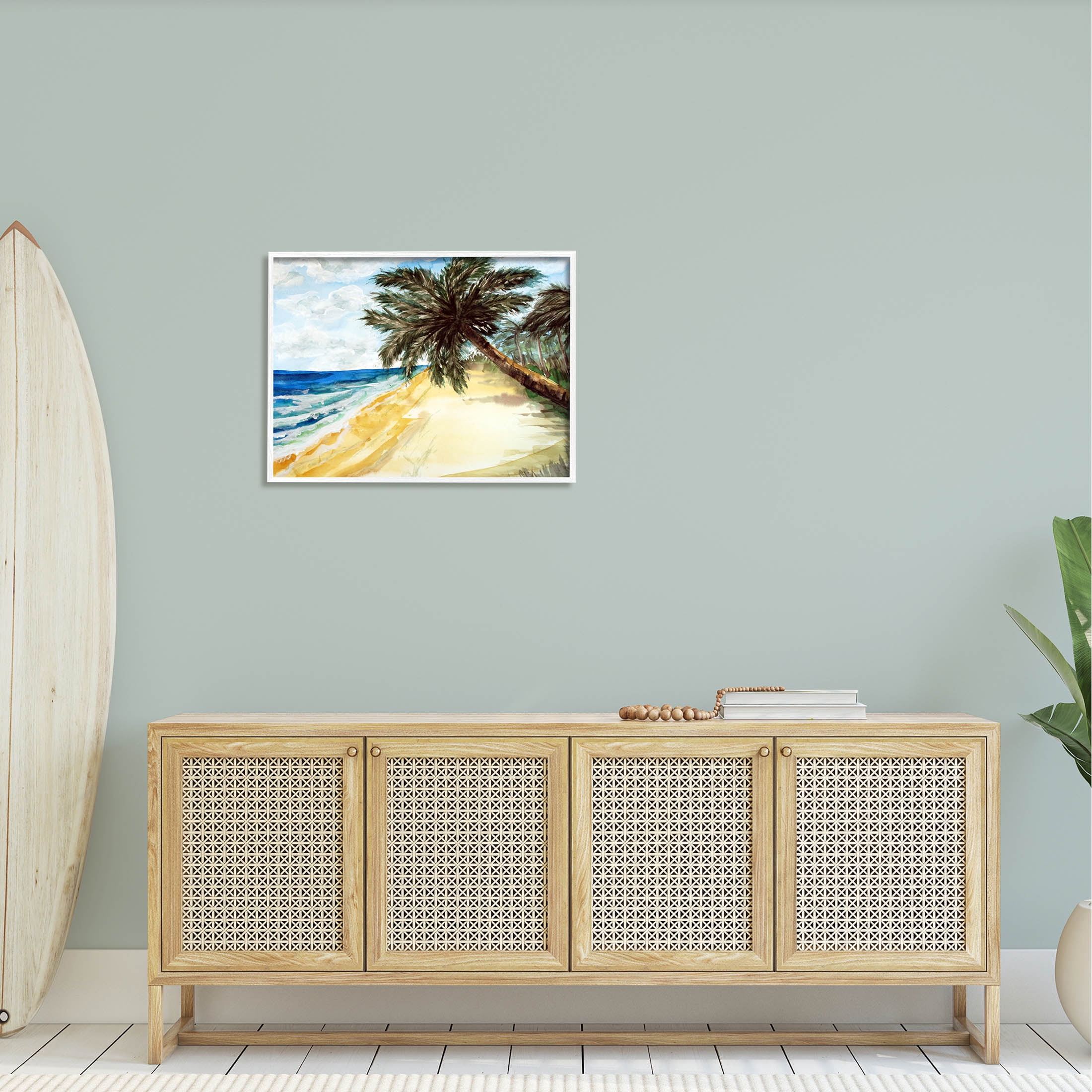 Summer Palm Overhanging Beach Coastal Painting White Framed Art Print Wall Art
