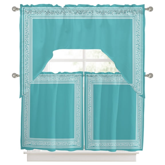 Teal Geometric 3 Pieces Swag Kitchen Curtains Set, White Greek Key Design Abstract Modern Art Valance Swag & Small Window Tier Curtain 24 Inches Long, 56" x 36" Valance Topper Drapes for Cafe/Bedroom