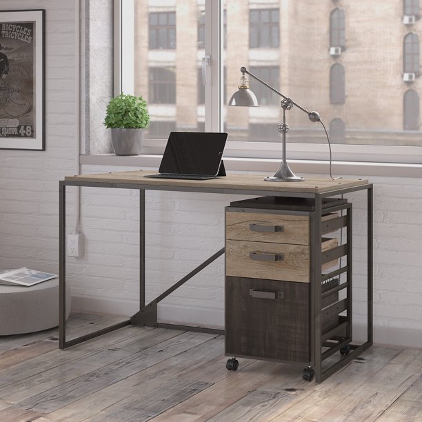 Bush Furniture Refinery 50W Industrial Desk with 3 Drawer Mobile File