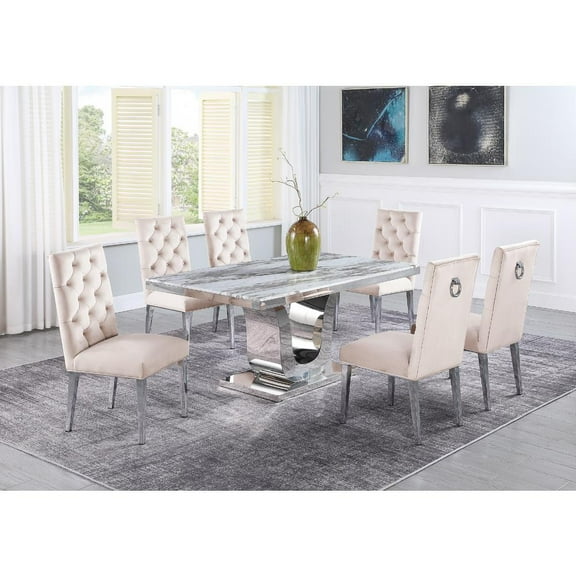 White Marble 7 piece Dining Set with Silver Stainless Steel Base