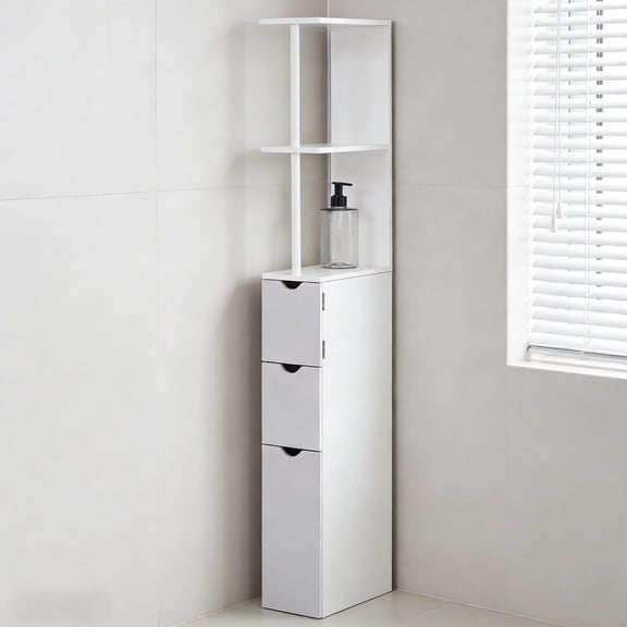 S-HOME Vertical Design Storage Narrow Wood Bathroom Cabinet with Two Drawers and Open Shelves for Organized Space Saving Storage, White