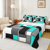 Feelyou Cyan Square Geometric Twin Sheet Sets, Vintage Artwork Abstract Twin Fitted Sheet, Chic Rectangle Flat Sheet, Luxury Bedroom Decor, 3pcs