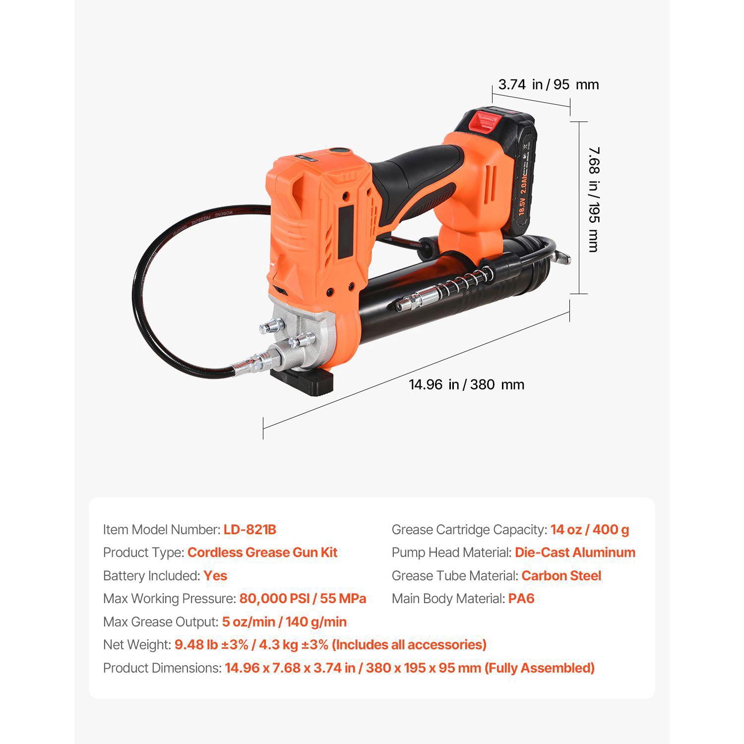 Cordless Grease Gun 20V Electric with 2.0Ah Battery 8000 PSI Max Pressure 35.4 Inch Long Hose LED Light Variable Speed Trigger for Vehicles Machines