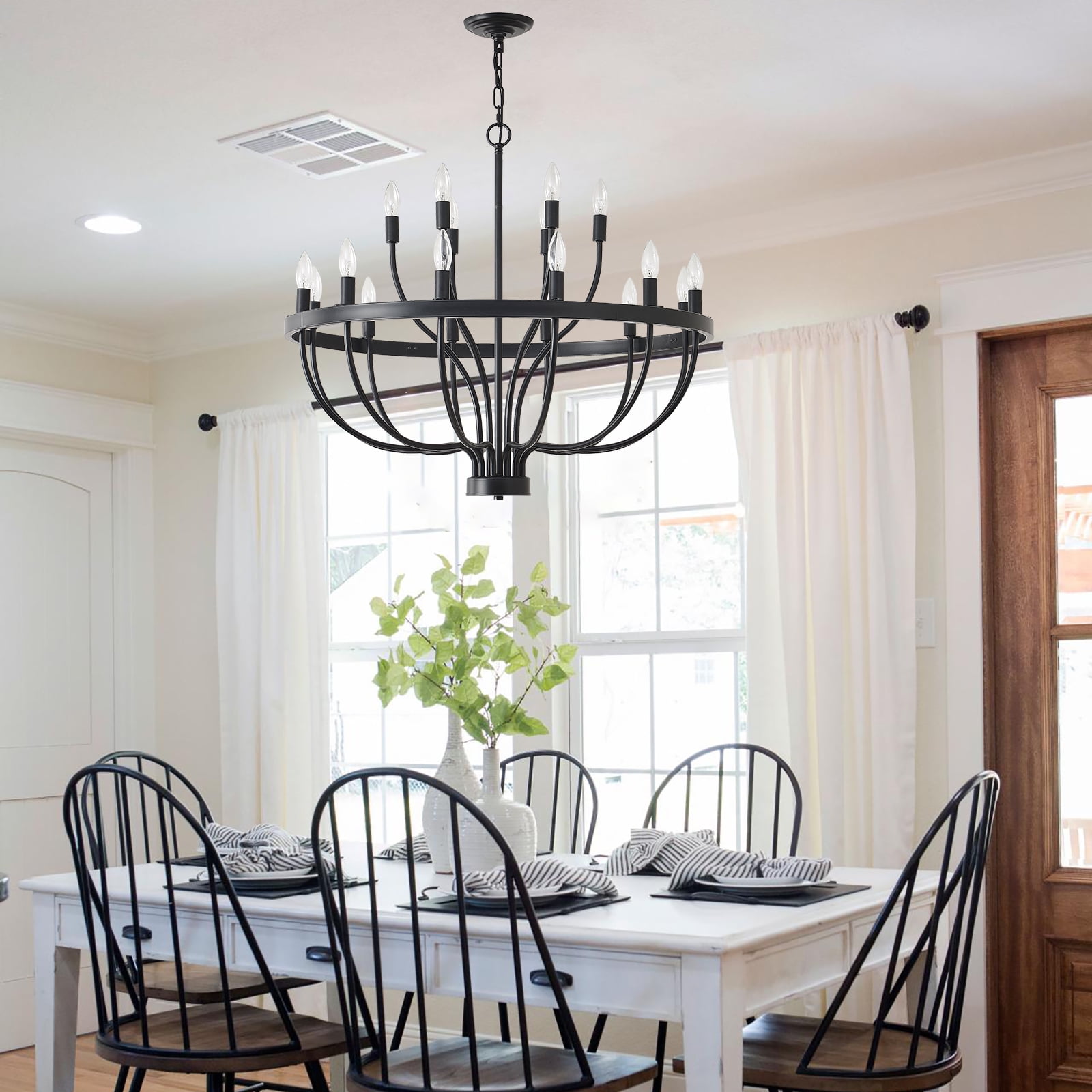 24-Lights Farmhouse Chandelier with Adjustable Height, Black Candle-Style Hanging Light for Entryway, Dining Room, High Ceiling Living Room, Hallway