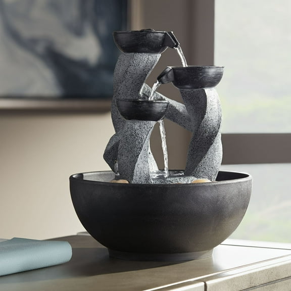 Three Twist Column 11" High Small Zen Modern Indoor Decor Faux Stone Tabletop Fountain with Light LED Desk