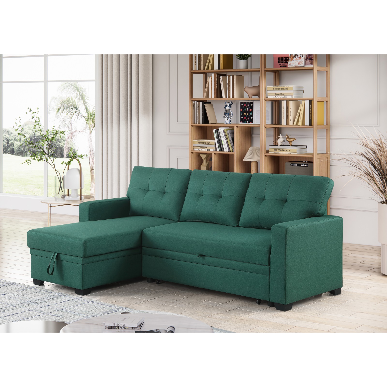 Hommoo 2 in 1 Pull Out Couch Bed Upholstered Sectional Sofa with Storage & Chaise, Convertible L Shaped Sleeper Sofa for Home,Green