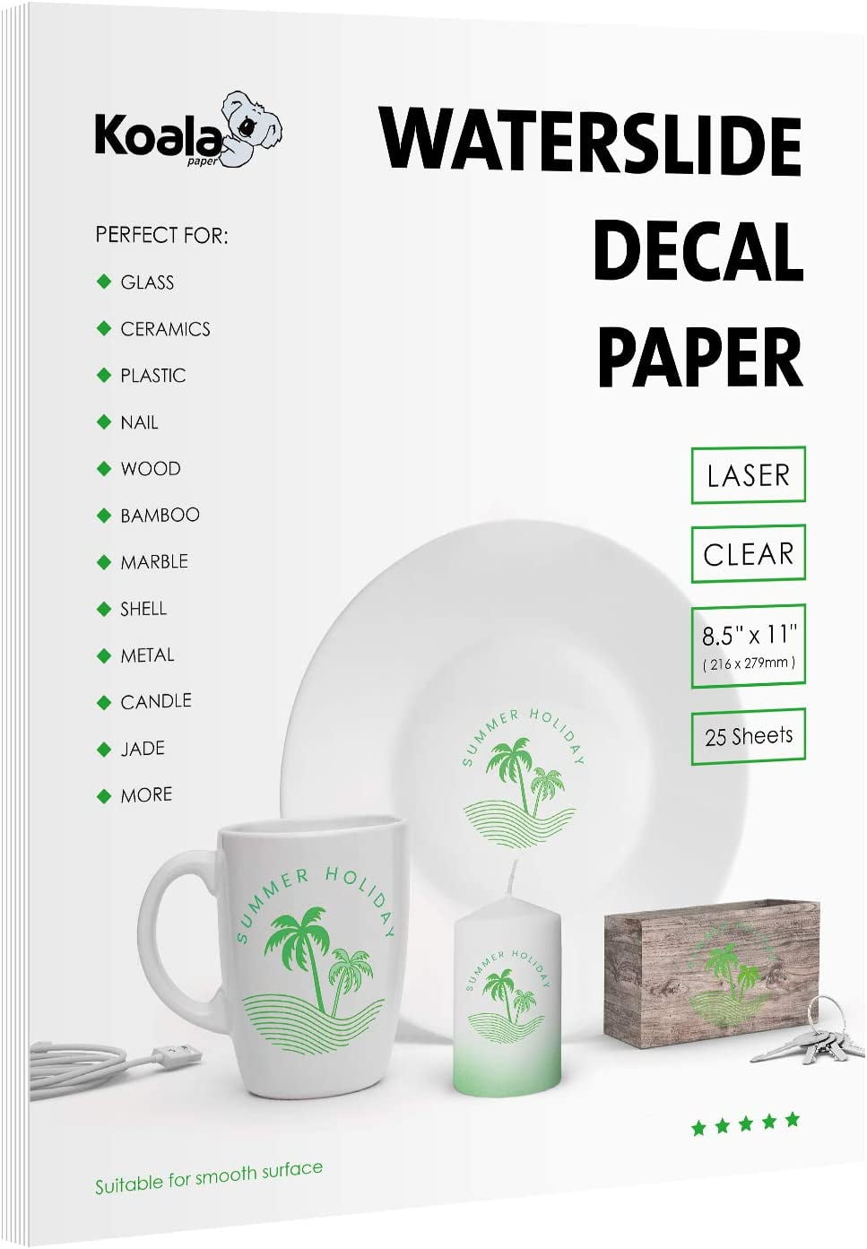 Koala Waterslide Decal Paper for Laser Printer - Clear Transparent - 25 Sheets Printable Water Slide Transfer Paper - 8.5x11 Inches