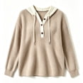 thumbnail image 4 of TtopsQueen Women Ribbed Knit Hooded Sweater, Henley Button Placket Contrast Hood Drawstring Pullover, Drop Shoulder Long Sleeve Relaxed Fit Warm Knitwear for Fall Winter Daily Wear Khaki,XXXXL, 4 of 5