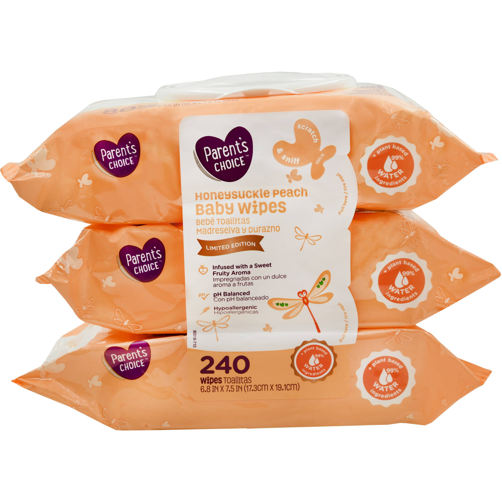 Parent's Choice Honeysuckle Peach Baby Wipes, Limited Edition, 240 count (3 packs of 80)
