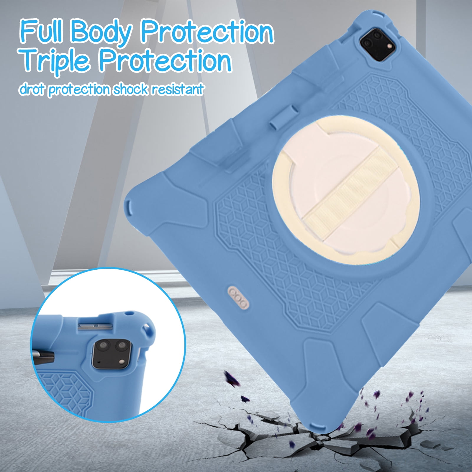 Case for Apple iPad Pro 11 5th 4th 3rd 2nd 1st Gen/ iPad Air 11 2024 M2/Air 4 5, Soft Silicone Drop Protection Rotating Kickstand with Shoulder Strap Pencil Holder Kids Friendly Lightweight, Darkblue