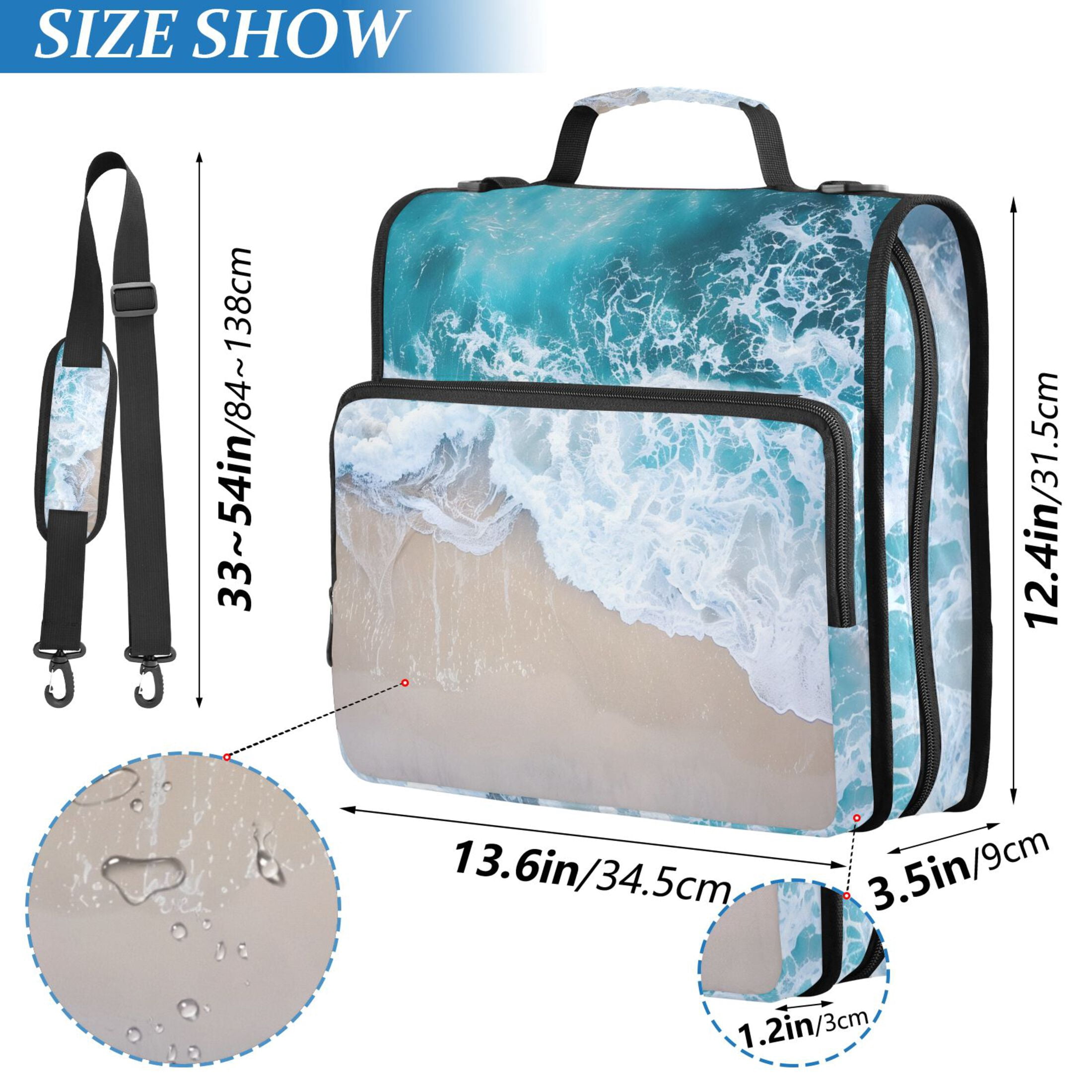 3 Ring Zipper Binder with Shoulder Strap Waterproof Trapper Keeper 2 Inch D-Ring 500 Sheets Capacity Beach and Waves