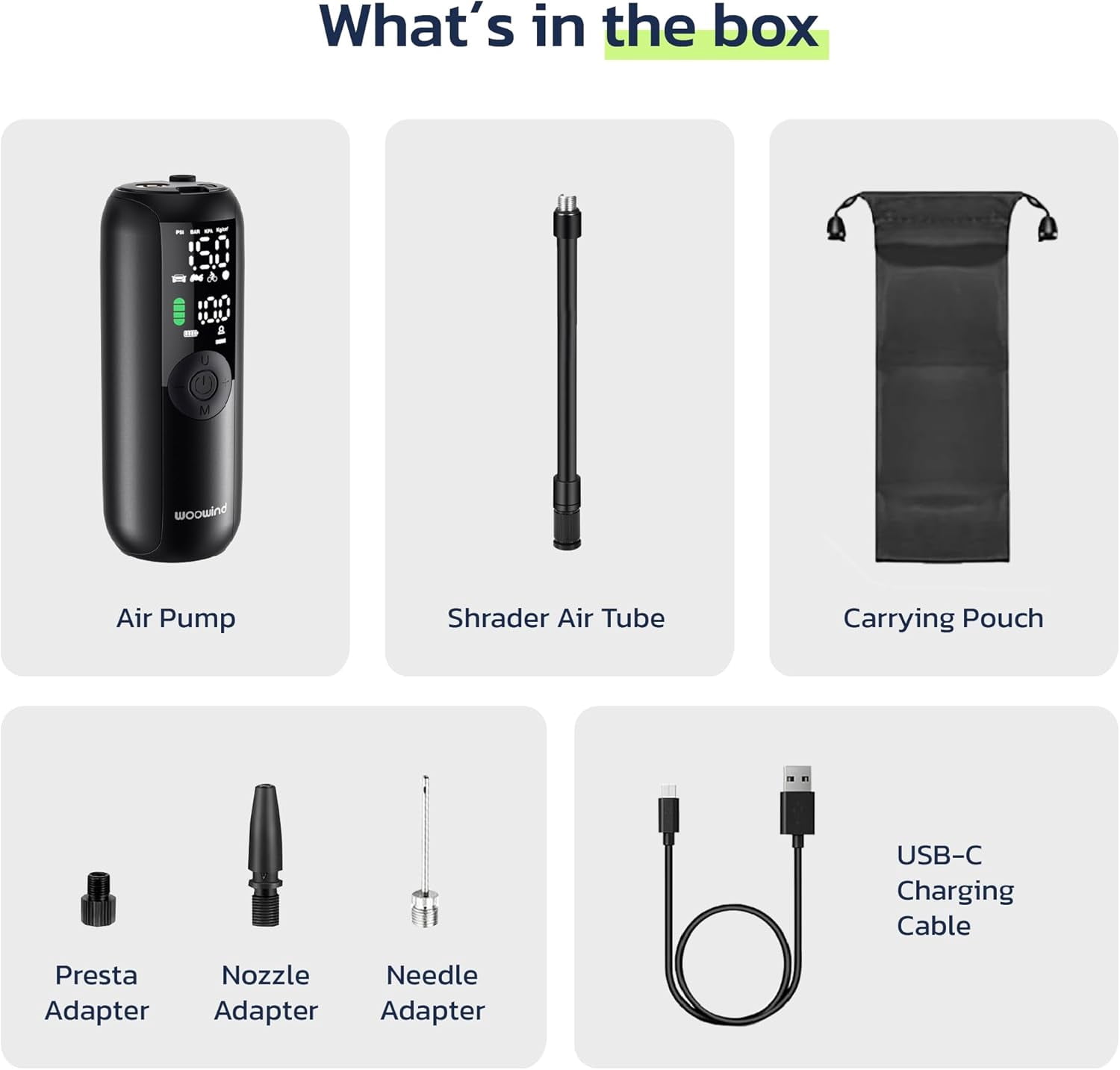 Woowind LP1 Portable Tire Inflator, 150PSI, Battery Powered Air Pump, Auto Shut-off, LED Light, Dual Valves, Compact for Vehicles and Sports Equipment