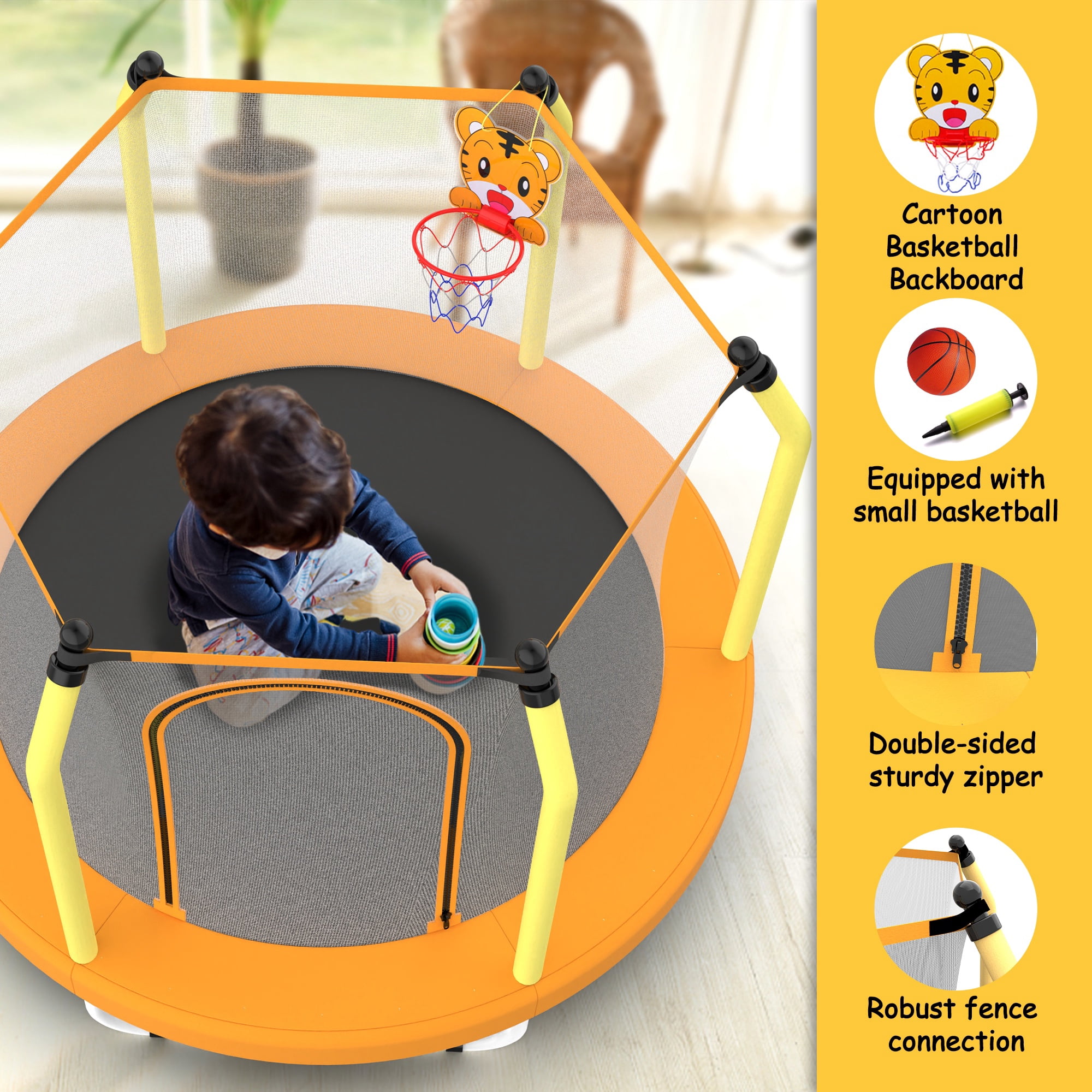 55" Trampoline with Enclosure for Kids, SEGMART Indoor Outdoor Toddler Trampoline with Basketball, Indoor Outdoor Kids Trampoline with Basketball Hoop, Small Round Trampoline for Boys Girls