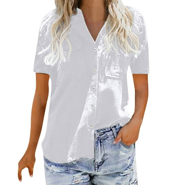 Camiseta de algodón de manga corta con cuello en V sólido informal elegante para mujer OAVQHLG3B Store lin121212
