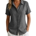 thumbnail image 2 of Holzkary Cotton Linen Button Down Tops for Women Rolled Cuffed Short Sleeve Hawaiian Shirt Peasant Comfy Tees Loose Fit Tops Pullover Elegent Tops Plus Size Shirt V Neck Lapel Collar Tops Flowy, 2 of 7