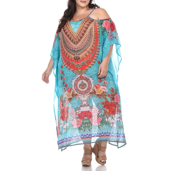White Mark Women's Plus Size Sheer Caftan Dress with Tie-up Neckline