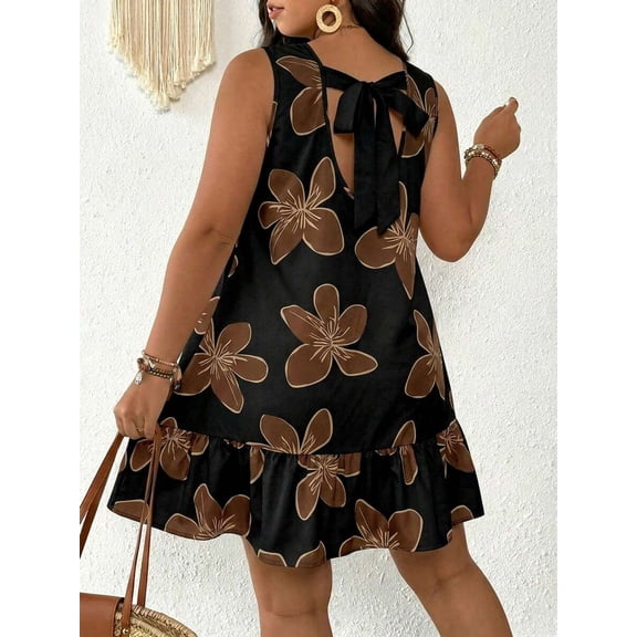 Plus Size Women Summer Casual Printed Short Camisole Dress Vacation Brown Sundress Floral Mini Dress