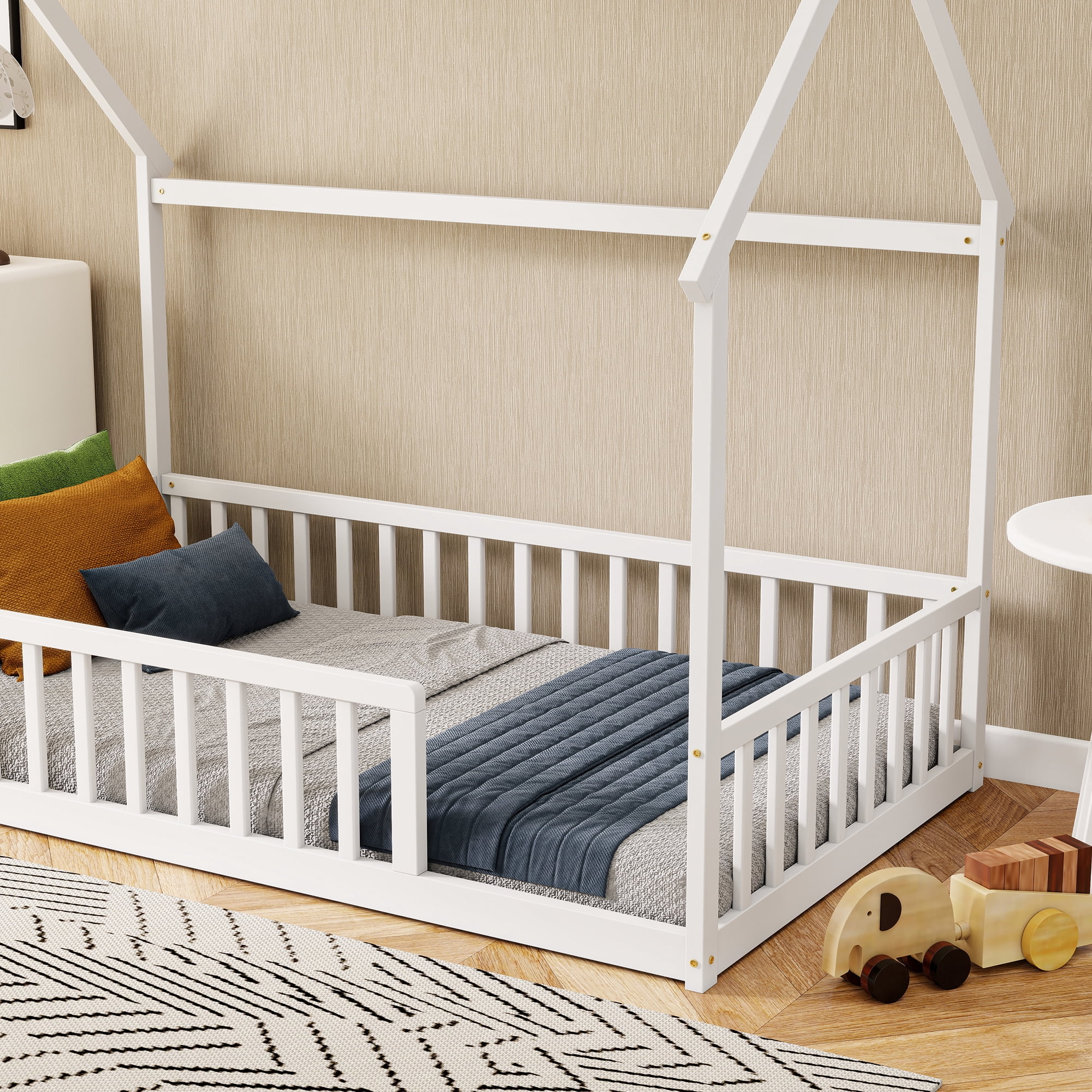 Twin White House Floor Bed with Full Safety Fence, Solid Pine Wood Montessori Kids Playhouse Bed Frame No Box Spring Needed Max 250 LBS for Toddler Bedroom Nursery