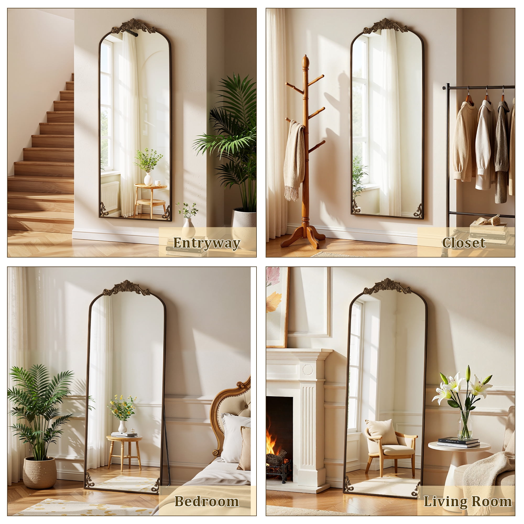 Anyrose 66"x 21" Baroque Full Length Mirror Arched Vintage Floor Mirror with Stand, Antique Bronze