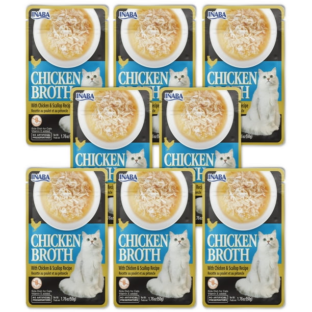 INABA Chicken Broth Complement/Topper/Treat for Cats, Eight 1.76 oz Pouches, Chicken & Scallop