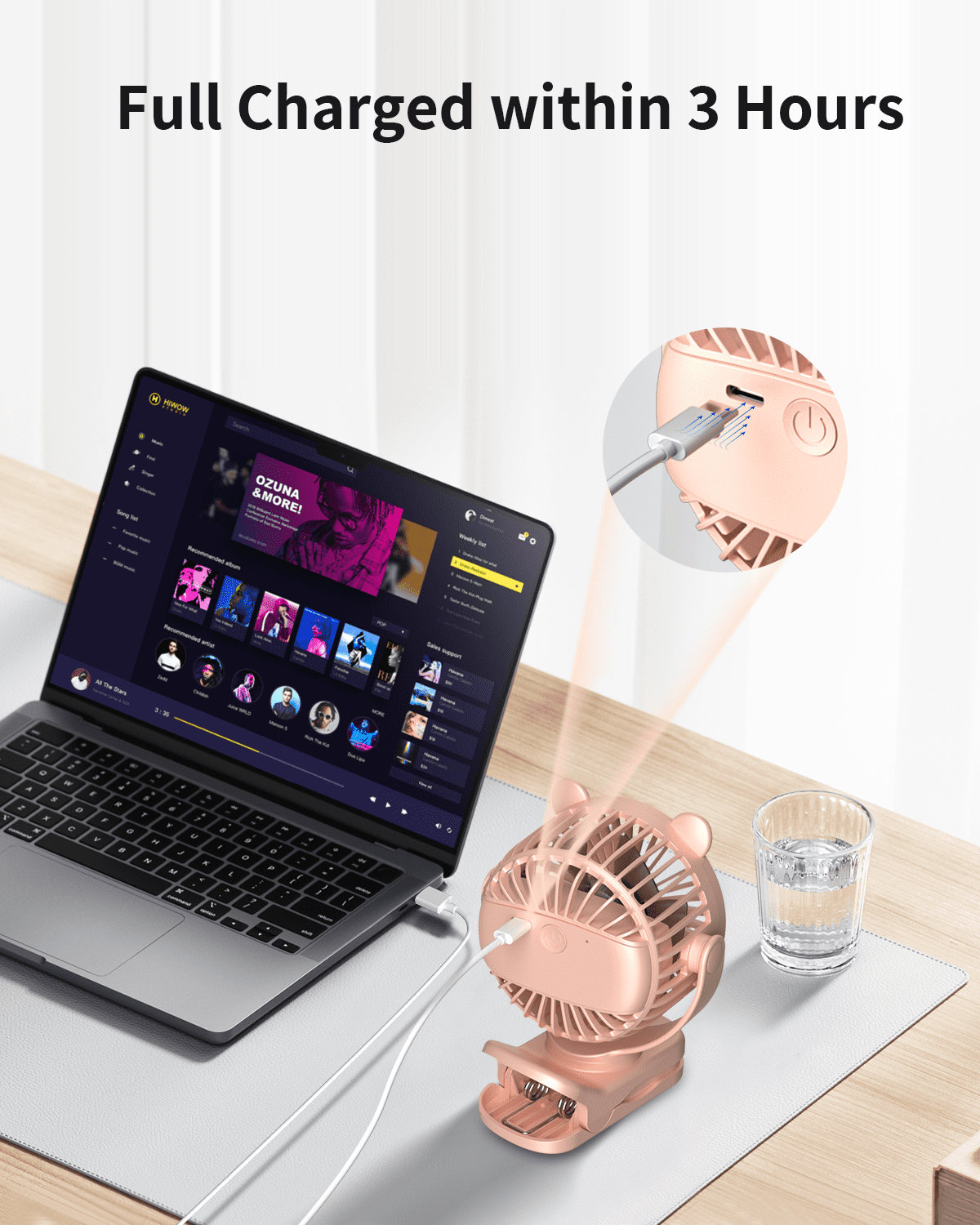 FrSara Clip on Fan, Rechargeable Portable Fan with 2000mAh Battery Operated, Small Fan with Powerful Clip Design, 3 Wind Speed, 360° Rotation, Ultra-Low Noise Level Personal Fan for Travel