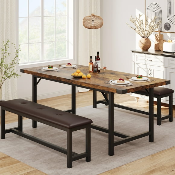 3-Piece Dining Table Set for 4-6 People, Extendable Kitchen Table Set with 2 Upholstered Benches, Dining Room Table Set for Apartment, Kitchen, Living Room