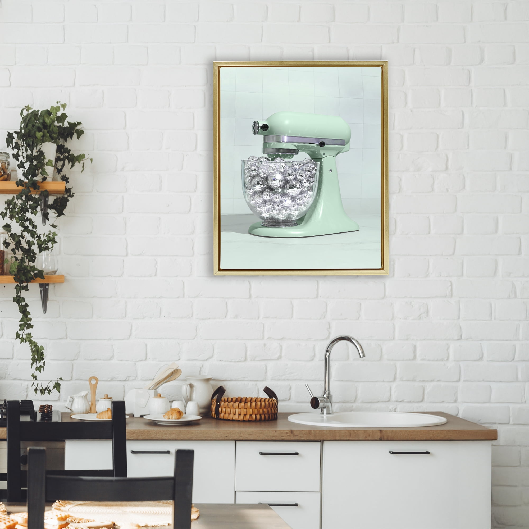 Stupell Industries Disco Kitchen Mixer over Green Gold Framed Floater Canvas Wall Art, design by LISH Creative