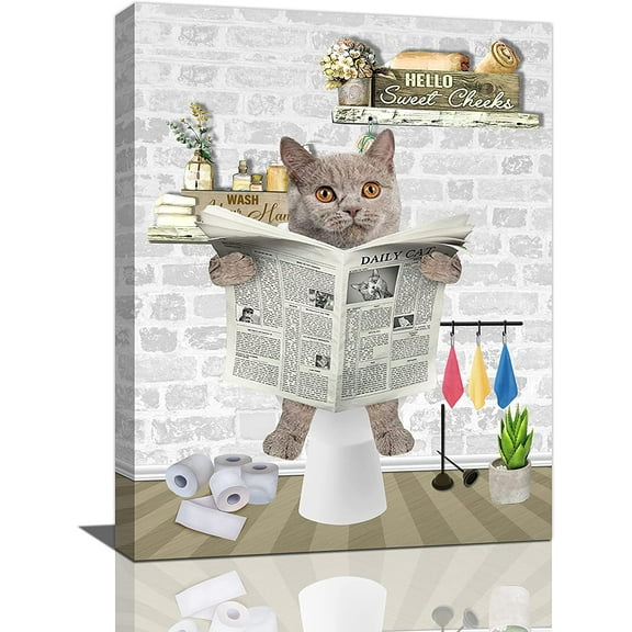 Beeshunter Cute Cat on Toilet Reading Newspaper 12" x 16" Framed Canvas Printed