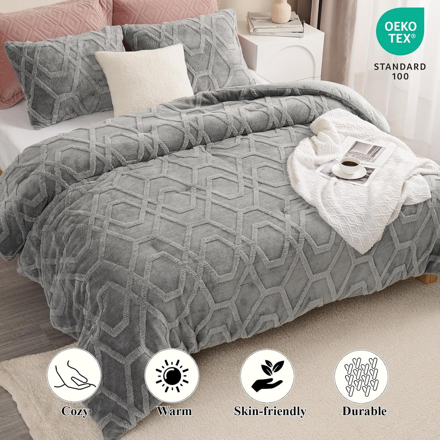 PHF Warm Sherpa Fleece King Comforter Set, 3D Tufted Fluffy Grey Bedding for Winter, Soft 2 Pieces Shaggy Bed Set, 1 Comforter (104"x90") and 2 Pillowcases (20"x36")