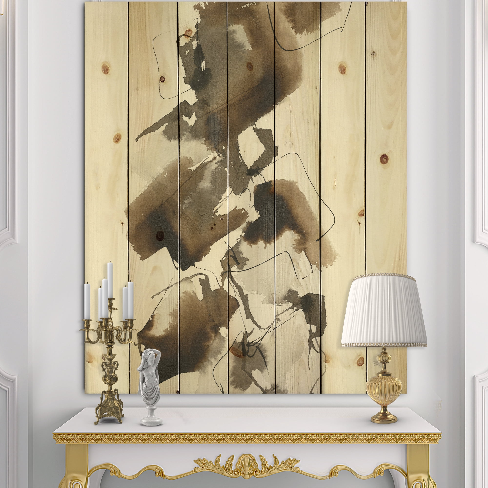 Designart 'Abstract Gold Glam Squares I' Modern & Contemporary Print on Natural Pine Wood