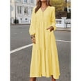 thumbnail image 5 of Women'S Boho Cotton Maxi Dress V-Neck Long Sleeve Flowy Beach Dress with Pockets and Buttons Light Yellow M, 5 of 9