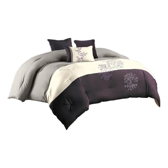 Benjara 7 Piece King Polyester Comforter Set with Leaf Embroidery- Gray & Purple