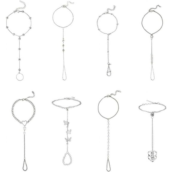 8 Pcs Alloy Finger Ring Bracelets Silver Link Chain Rings Bracelets Harness Chain Bracelets Ring Attached Bracelets Adjustable Elegant Hand Jewelry for Women Platinum