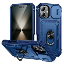 Military Grade Drop Impact for iPhone 16 Plus Camera Lens Slide Protection Case 360 Metal Rotating Ring Kickstand Holder Armor Shockproof Case For iPhone 16 Plus, Blue
