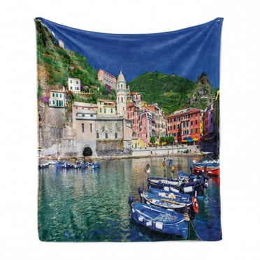 Vernazza Soft Flannel Fleece Throw Blanket, Panoramic View of Italian Village with Houses and Small Fishing Boats Print, Cozy Plush for Indoor and Outdoor Use, 50" x 60", Multicolor, by Ambesonne