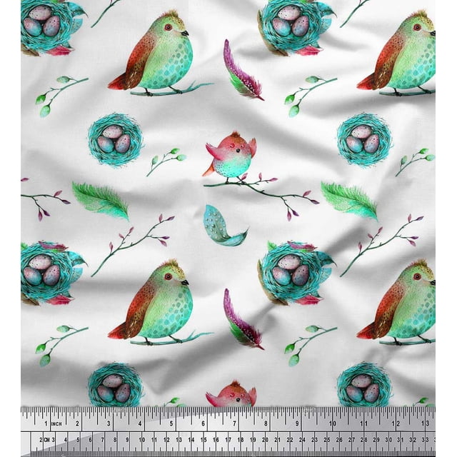 Soimoi Rayon Fabric Nest,Feather & Artistic Bird Decor Fabric Printed Yard 56 Inch Wide