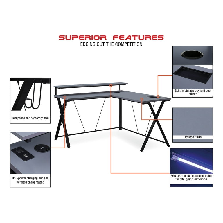 L Shaped Gaming Desk with LED Lights - Carbon Fiber - Designlab by Office Star Products