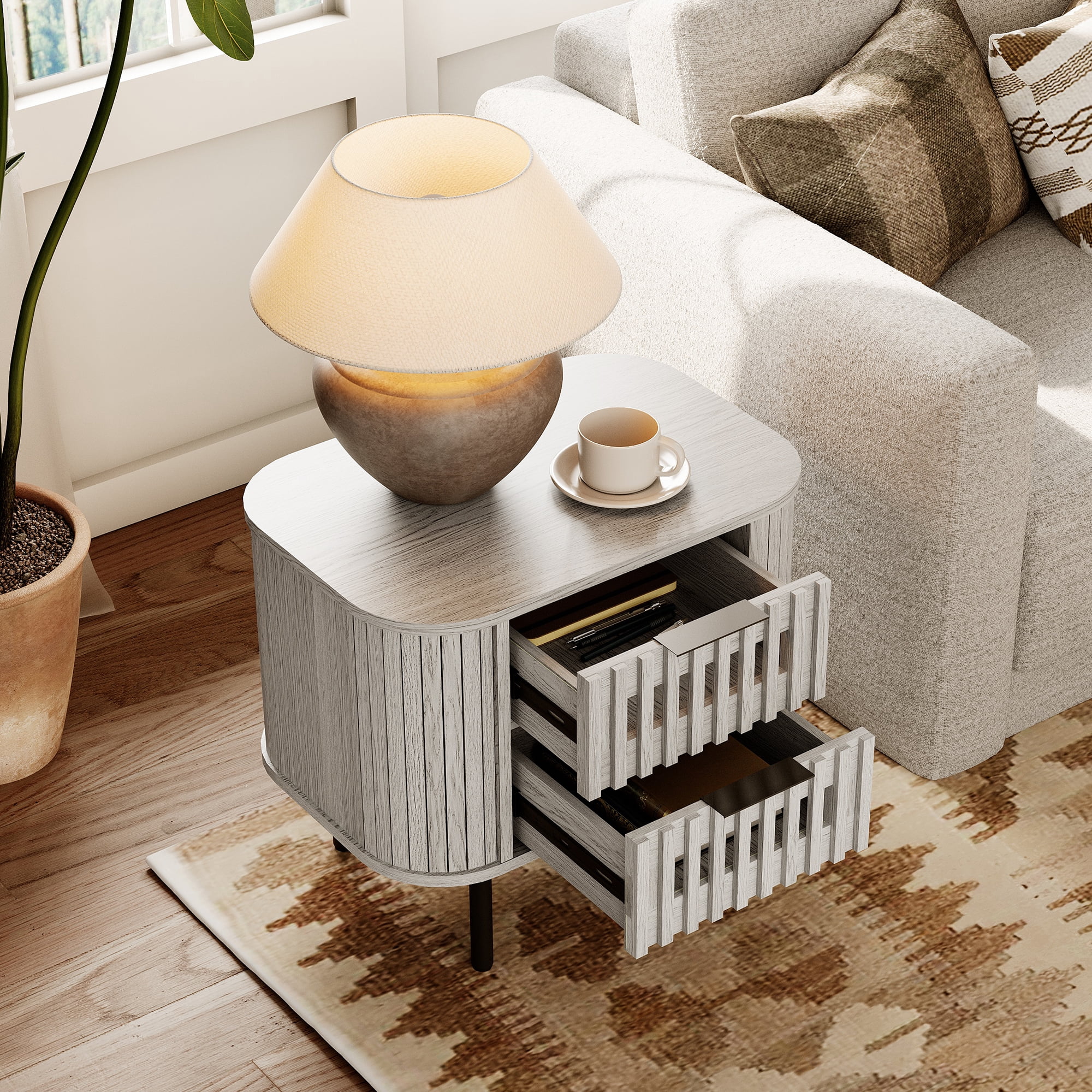 WAMPAT Fluted End Table with 2 Drawers, Modern Storage Nightstand for Living Room & Bedroom, Wooden Side Table, White Washed