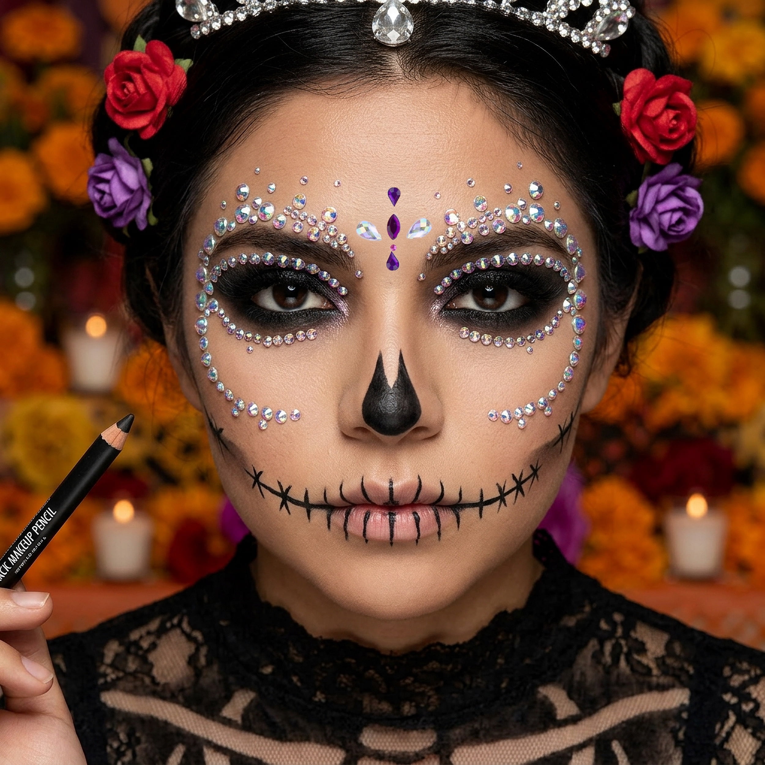 Expressions Glitter Skeleton Makeup Kit with Rhinestone Eye Jewels & Stencil