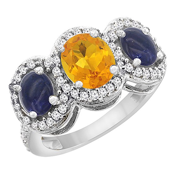10K White Gold Natural Citrine & Lapis 3-Stone Ring Oval Diamond Accent, size 9.5