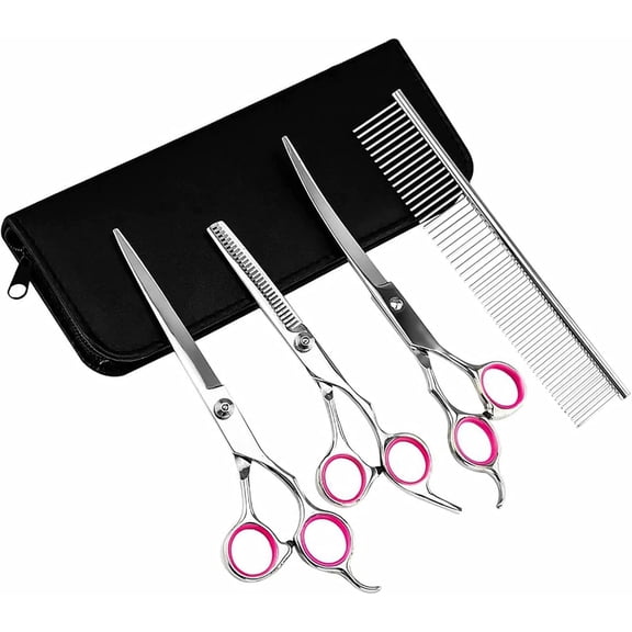 Professional Stainless Steel Pet Trimmer Kit 4 Pcs Pet Haircut Kit and Pet Grooming Scissors Perfect for Large Small Dog or Cat - with Thinning Straight Curved Shears Grooming Comb