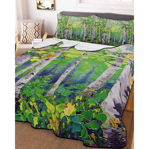 Green Oil Painting King Size Down Alternative Comforter,Lightweight Comforter Quilt Bedding Set with Pillow Shams Modern Abstract Art Summer Tree Leaves Bed Comforter Duvet Insert 96"x106"