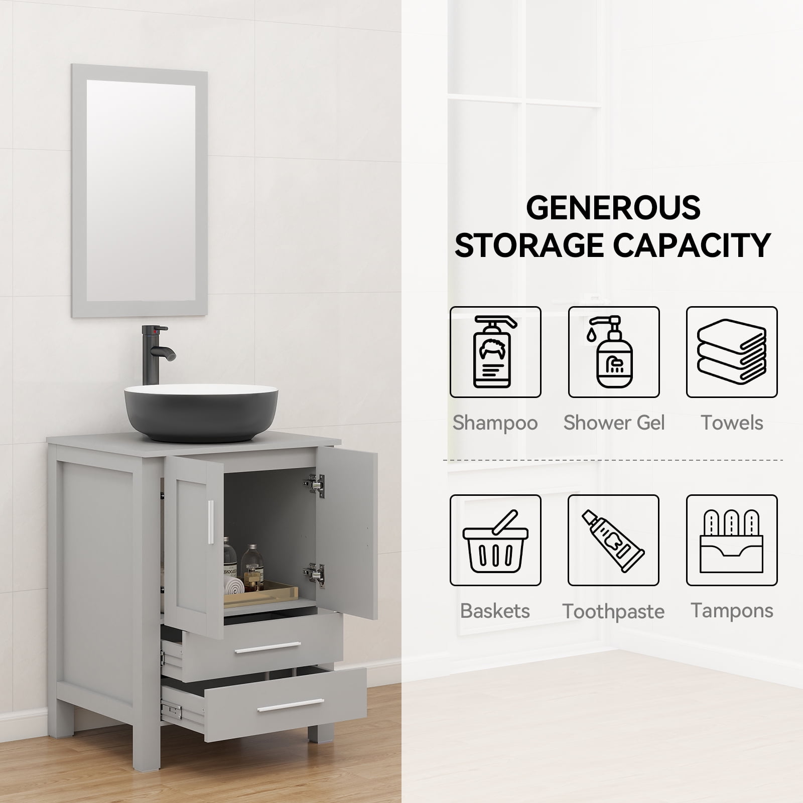 ELECWISH 24-Inch Bathroom Vanity in Gray with Mirror and Round Sink Set, Modern Stand Pedestal Cabinet with White/Black Ceramic Sink Set