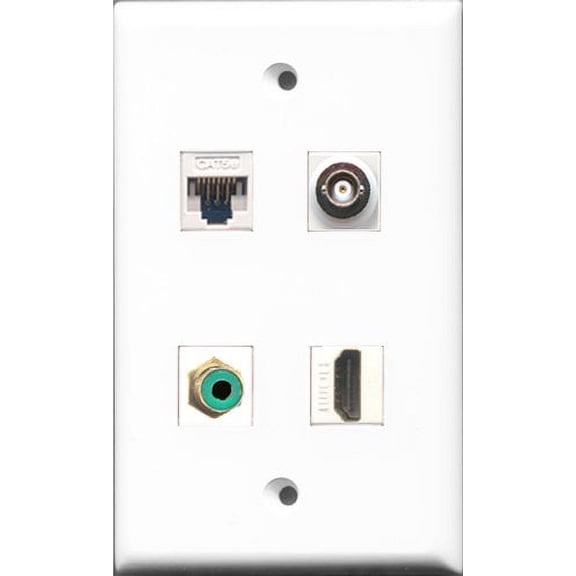 RiteAV - 1 Port HDMI and 1 Port RCA Green and 1 Port BNC and 1 Port Cat5e Ethernet White Wall Plate