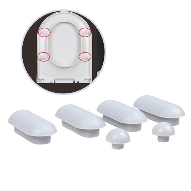 amortiguadores para asientos de inodoros, amortiguadores para asientos de inodoros universales, s de reemplazo de almohadillas para inodoros Paquete gris de 4 amortiguadores largos y 2 redondos de TPE (long. 46.5 mm/1.83 in; ancho 18.3 mm/0.72 in), superficie lisa y base adhesiva; piezas alineadas sobre fondo claro con ejemplo de colocación en asiento de inodoro resaltado en círculo rojo; diseño universal, también a menudo usado para amortiguar tapas y bisagras en baños domésticos.